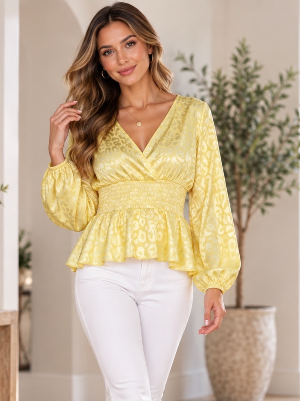 NWT Missguided Animal Jacquard Shirred Waist V-Neck Long Sleeve Peplum Top 6